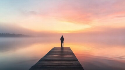 A person standing on a pier, looking out over a calm lake at sunrise