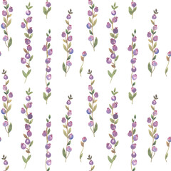 Fototapeta premium Hand drawn watercolor seamless texture of branches with purple berries. Pattern with painted branches of wild berries. Illustration for festive decor for Christmas, wedding, birthday.