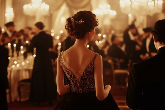 Elegant woman wearing a beautiful gown is entering a luxurious ballroom full of guests enjoying a new year's eve party