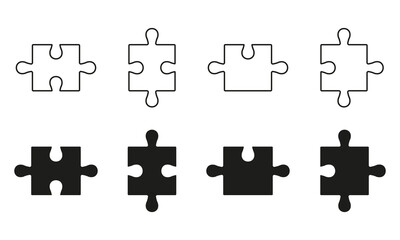 Naklejka premium Puzzle Pieces Fit Line and Silhouette Icon Set. Teamwork, Idea, Logic Game, Combination Solution Concept. Editable Stroke. Isolated Vector Illustration