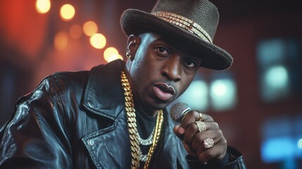 Iconic 1980s hip-hop artist holding a microphone, dressed in a leather jacket, gold chains, and a flat-brimmed hat, with an urban backdrop.