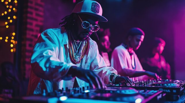 Retro 80s hip-hop party with neon lights, dancers in vintage fashion, and a DJ spinning records on classic turntables.