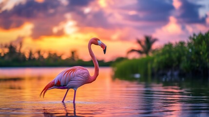 Beautiful flamingo standing in the water at sunset. The bird has pink feathers and is gracefully wading through calm waters