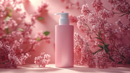 A pink bottle of lotion with a pump dispenser is set on a pink background surrounded by delicate pink flowers.