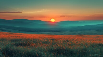 Obraz premium Sunset over a field with red flowers