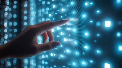 Close-up of hand touching digital touch screen, technology concept background with white squares and blue color