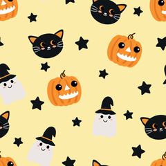 Seamless pattern cartoon black cat with ghost, pumpkin and ghost halloween. cute halloween wallpaper for fabric print, gift wrap paper