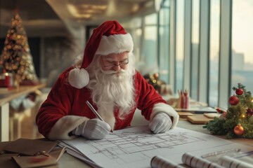 Santa Claus wearing his traditional costume and glasses, drawing architectural plans in his workshop