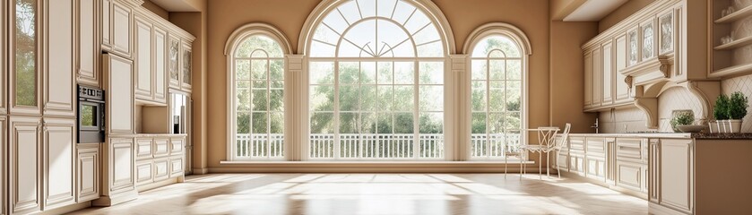 Fototapeta premium A modern minimalist kitchen with an arched window that overlooks a natural scenery.