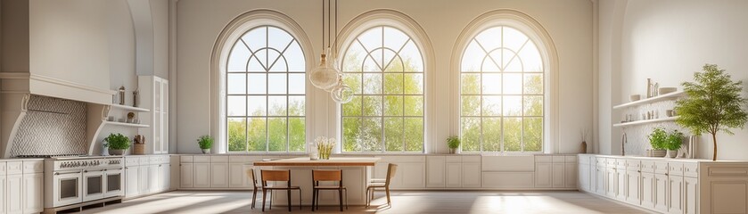 Fototapeta premium A modern minimalist kitchen with an arched window that overlooks a natural scenery.