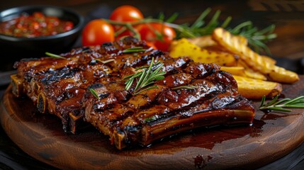 Delicious grilled pork chops garnished with fresh herbs served on a rustic wooden board