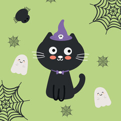 Cute card with cartoon cat wearing a witch hat for halloween. cute halloween wallpapers and cards
