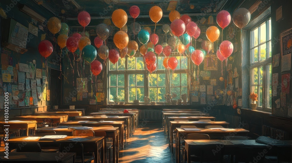 Poster a classroom with colorful balloons floating in the air and sunlight streaming through the windows.