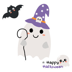 Cute card with cartoon ghosts and black bats for halloween. cute halloween wallpapers and cards