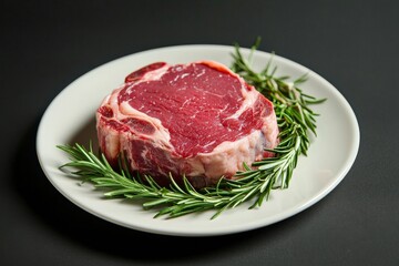 Fototapeta premium Freshly cut ribeye steak garnished with rosemary on a white plate against a dark background