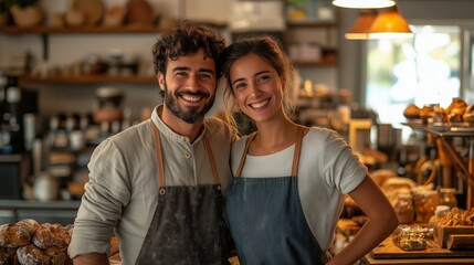 Happy couple of small businesses stand in aprons and smile at the camera while working together in the style of a coffee shop