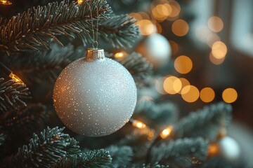 Silver balls and white decorations adorn a Christmas tree branch