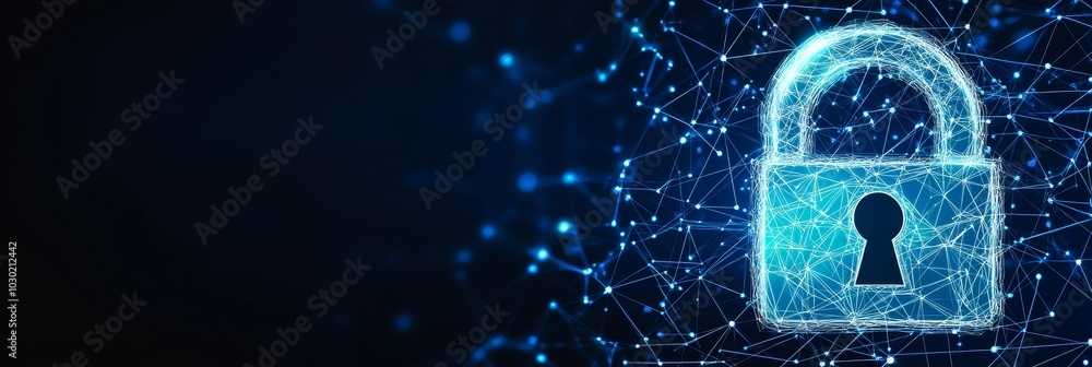 Poster glowing digital padlock in cyberspace, representing cybersecurity and network data protection.