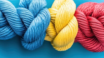 Three Intertwined Colorful Ropes on a Blue Background