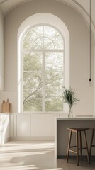 A modern minimalist kitchen with an arched window that overlooks a natural scenery.