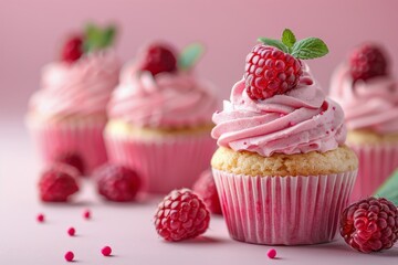 Delicious raspberry cupcakes with pink frosting on a pastel pink background