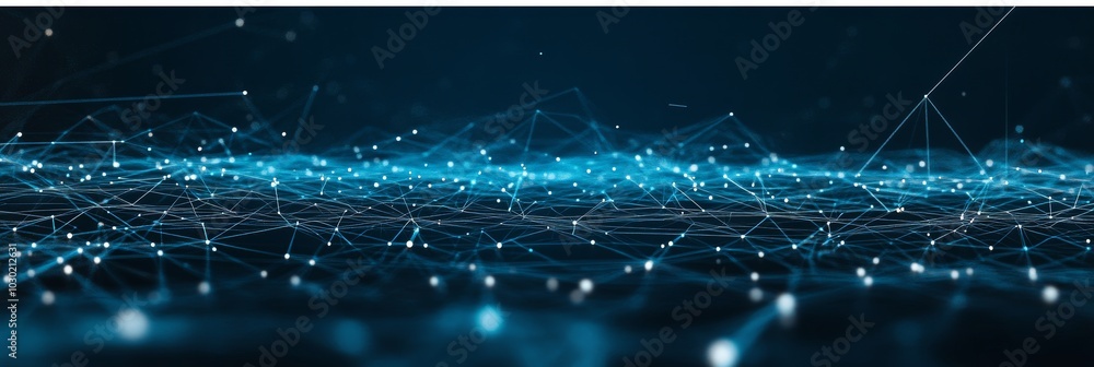 Poster abstract blue network connections background with glowing nodes and lines, big data visualization