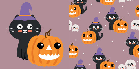 Naklejka premium Cute cat card halloween and pattern cartoon cat with ghost and pumpkin halloween. cute halloween wallpaper for fabric print, gift wrap paper