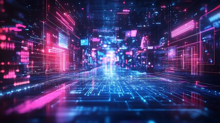 Fototapeta premium A glowing digital portal with neon blue and pink colors, shoppers leaping through into a dynamic cyber sale world, floating products like electronics and fashion items,