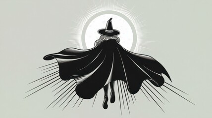 Fototapeta premium Stylized Witch Silhouette Cape Glowing Full Moon - Perfect Halloween Marketing, Decorations, Spooky Themed Events