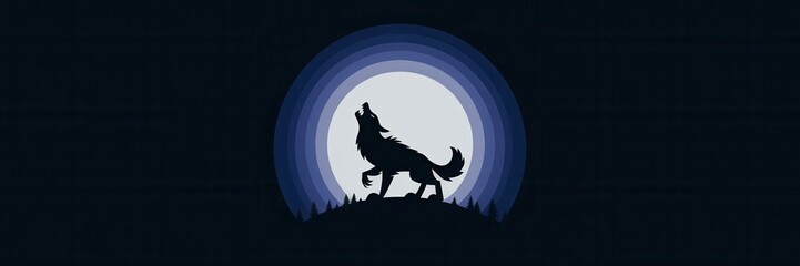 Howling Wolf Silhouette Full Moon Dark Blue Night - Spooky Halloween Illustration Seasonal Decorations Marketing Materials