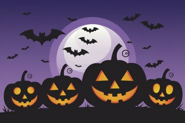 Fototapeta premium Spooky Halloween Pumpkins Bats Full Moon - Perfect Halloween Party Invitations, Decorations, Marketing Materials