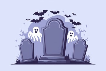 Spooky Halloween Graveyard Illustration Ghosts Bats - Perfect Halloween Promotions, Decorations, Party Invitations