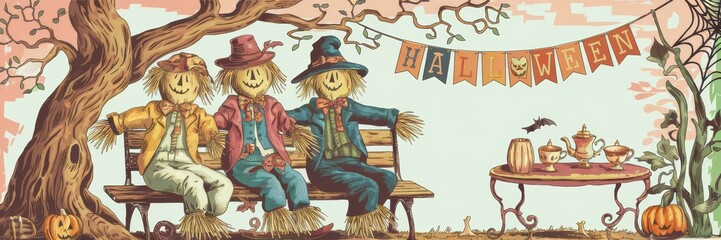 Whimsical Halloween Scarecrows Colorful Bench Festive Autumn Decor - Perfect Halloween Decorations, Marketing Materials, Seasonal Celebrations