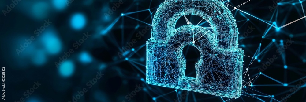 Poster wireframe padlock on network connection, cybersecurity and data protection concept design