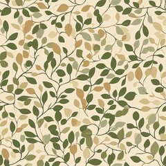 Seamless pattern featuring various leaves in shades of green, brown, and cream on a soft background. Ideal for nature-inspired designs.