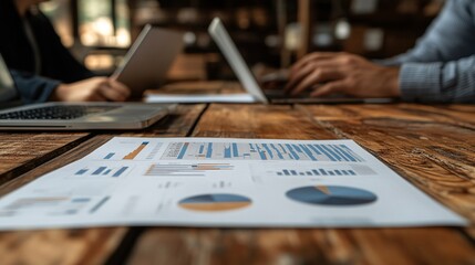 Small business team collaborating around a table with laptops and charts discussing strategy Stock Photo with side copy space