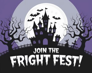 Spooky Castle Halloween Illustration Bats Full Moon - Perfect Halloween Party Invitations, Decorations, Marketing Materials