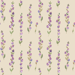 Hand drawn watercolor seamless texture of branches with purple berries. Pattern with painted branches of wild berries. Illustration for festive decor for Christmas, wedding, birthday.