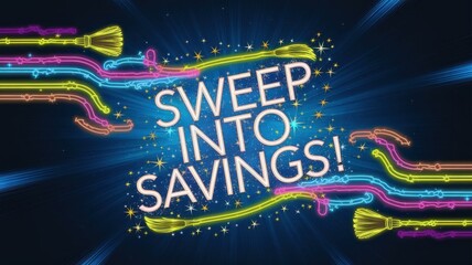 Fototapeta premium Colorful Neon Broomstick Illustration Halloween Black Friday Sales Promotions - Eye-Catching Marketing Graphic Seasonal Discounts