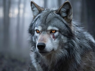 Majestic Wolf Portrait Piercing Eyes Misty Forest - Stunning Wildlife Photography Nature Conservation, Adventure Marketing, Animal Lovers