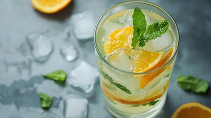 Fototapeta premium A refreshing orange drink with mint and ice.