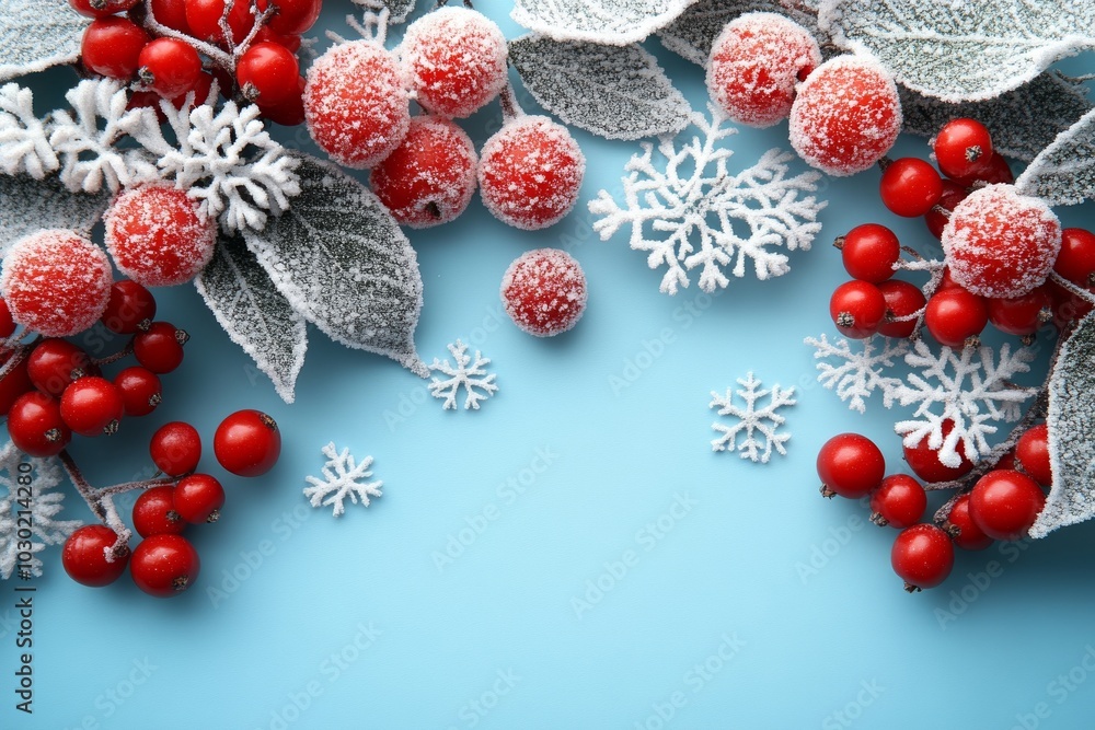 Sticker Composition with snowflakes and red berries on a blue background. Idea for Christmas, winter, or new year. Flat lay, top view, copy space.