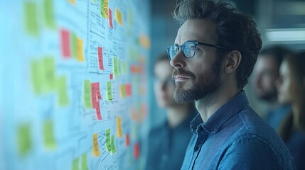 Small business team brainstorming ideas and strategies in a collaborative workspace Stock Photo with side copy space