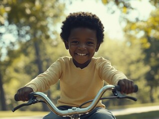Obraz premium Joyful Little Boy Smiling on Bicycle