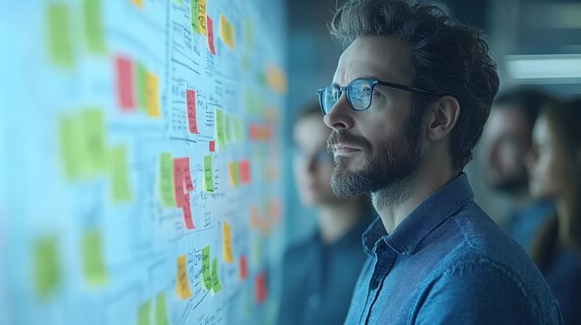 Small business team brainstorming ideas and strategies in a collaborative workspace Stock Photo with side copy space