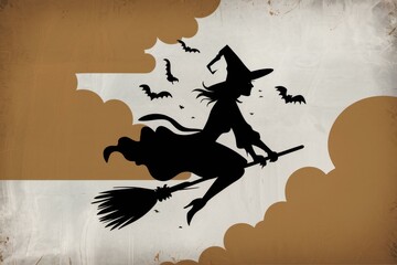 Fototapeta premium Vintage Halloween Witch Silhouette Flying Broomstick Bats - Perfect Halloween Marketing, Party Invitations, Spooky Decor