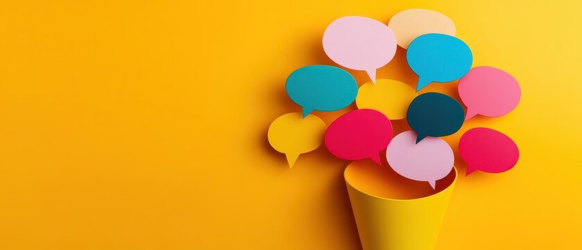 Colorful Speech Bubbles Flowing into a Yellow Funnel on a Vibrant Background