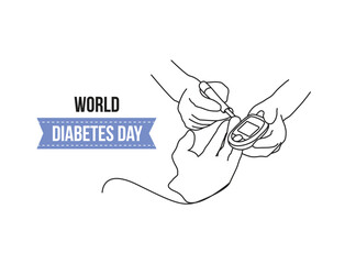 
Continuous one line drawing hand using glucometer for checking blood sugar level. World diabetes day concept. Single line draw design illustration