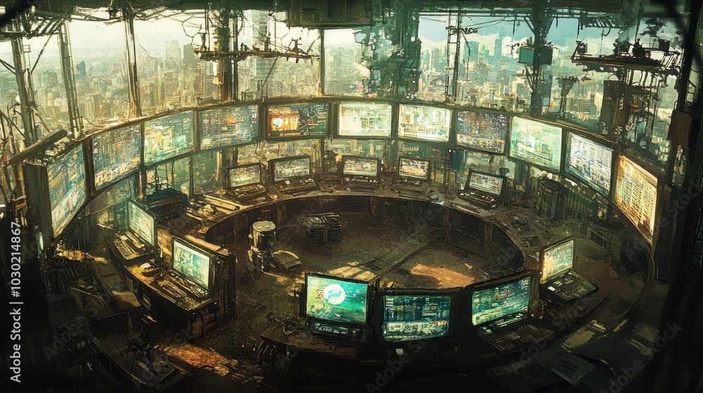 Aufkleber A Futuristic Control Room with Multiple Screens Displaying Data and a City View Through a Window