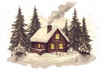 Fototapeta premium Cozy wooden cabin covered by snow and surrounded by fir trees in a winter forest landscape at sunset, with warm lights from the windows